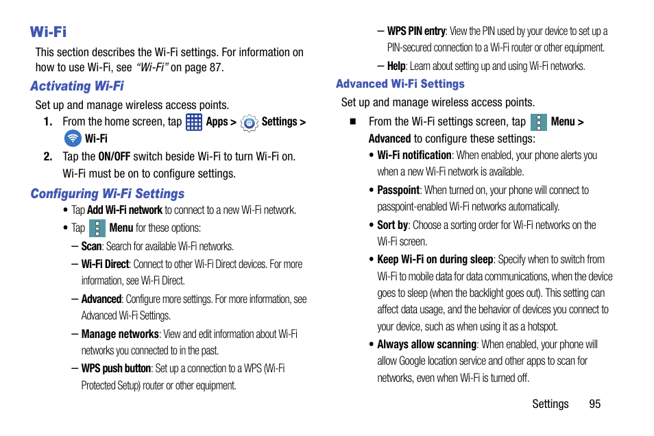 Wi-fi | Samsung SM-G900VZDAVZW User Manual | Page 102 / 167