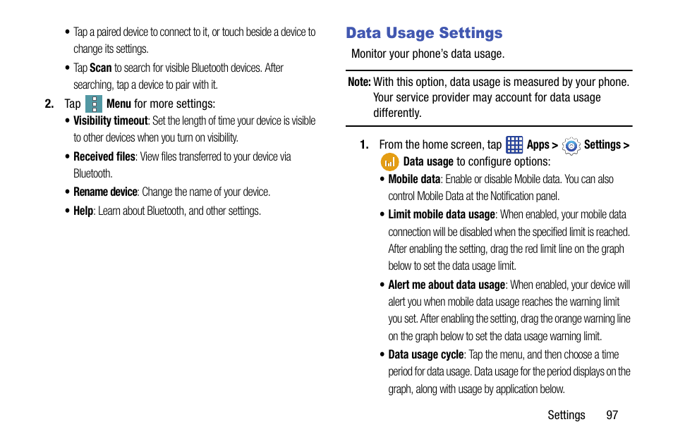 Data usage settings | Samsung SM-G900VZDAVZW User Manual | Page 104 / 167