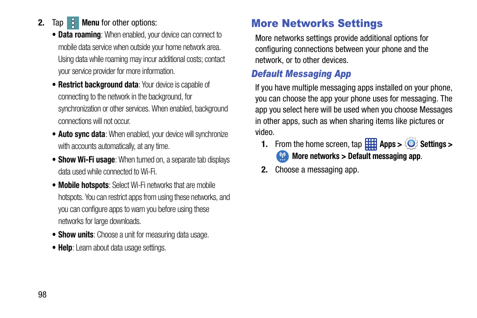 More networks settings | Samsung SM-G900VZDAVZW User Manual | Page 105 / 167