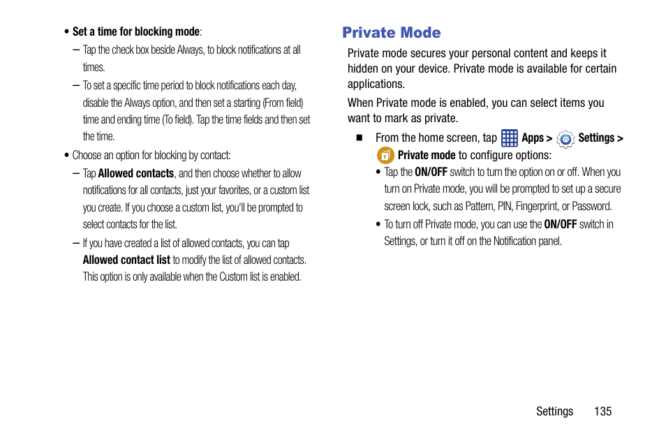 Private mode | Samsung SM-G900VZDAVZW User Manual | Page 142 / 167