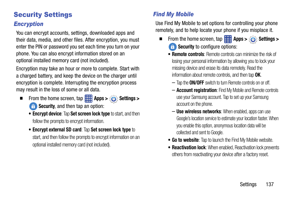 Security settings | Samsung SM-G900VZDAVZW User Manual | Page 144 / 167