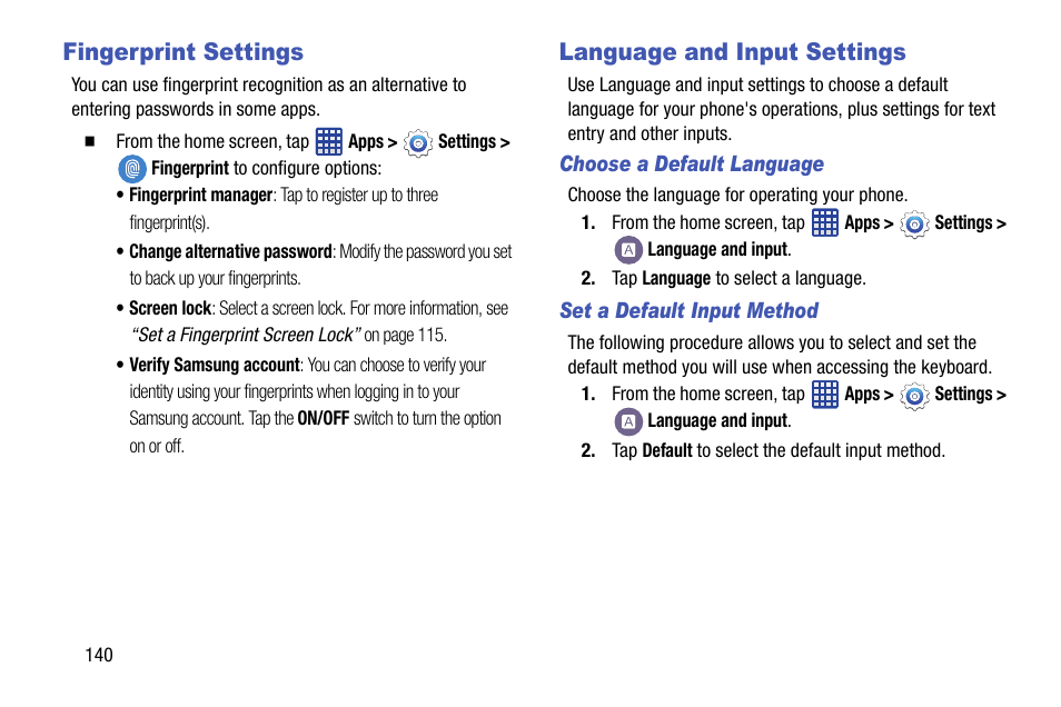 Fingerprint settings, Language and input settings, Fingerprint settings language and input settings | Samsung SM-G900VZDAVZW User Manual | Page 147 / 167