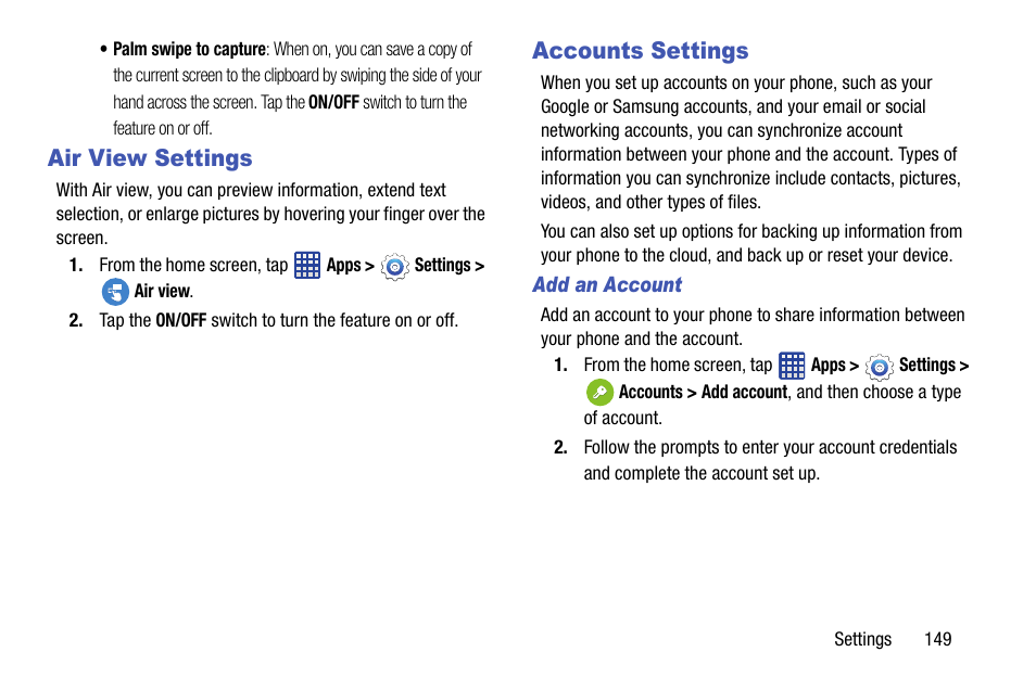 Air view settings, Accounts settings, Air view settings accounts settings | Samsung SM-G900VZDAVZW User Manual | Page 156 / 167