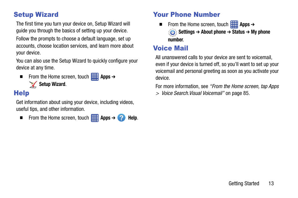 Setup wizard, Help, Your phone number | Voice mail, Setup wizard help your phone number voice mail | Samsung SM-G900VZDAVZW User Manual | Page 20 / 167