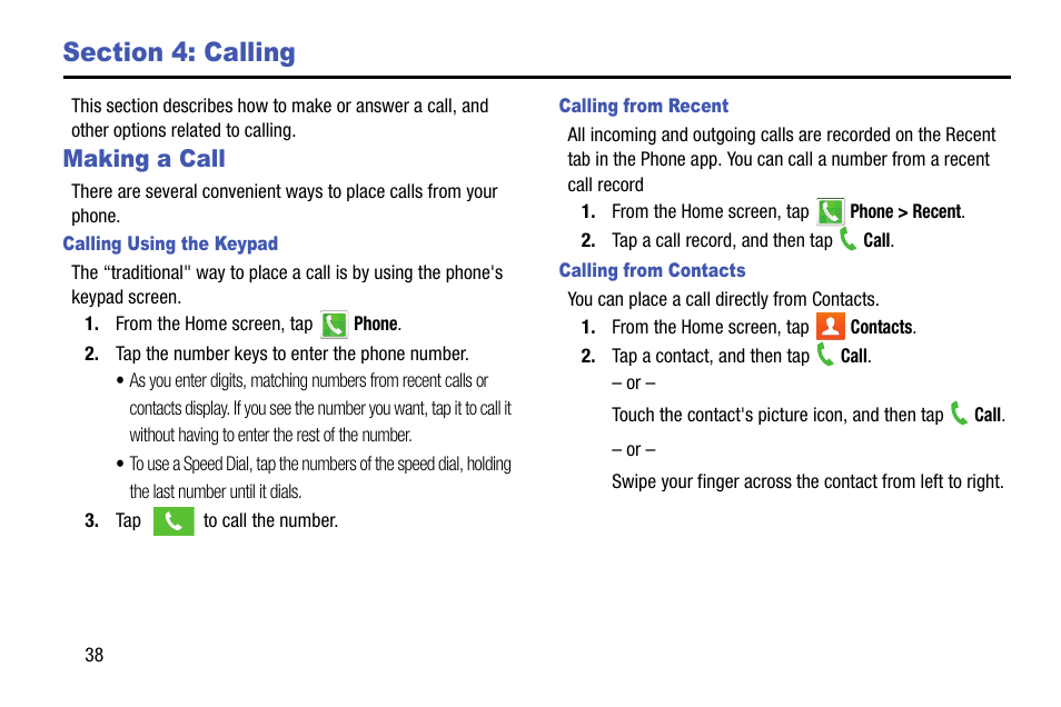 Section 4: calling, Making a call | Samsung SM-G900VZDAVZW User Manual | Page 45 / 167