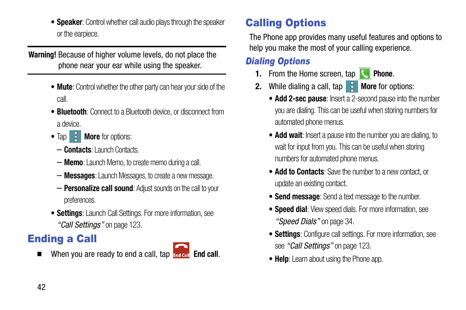 Ending a call, Calling options, Ending a call calling options | Samsung SM-G900VZDAVZW User Manual | Page 49 / 167