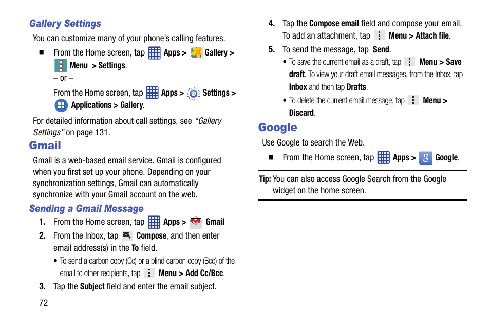 Gmail, Google, Gmail google | Samsung SM-G900VZDAVZW User Manual | Page 79 / 167