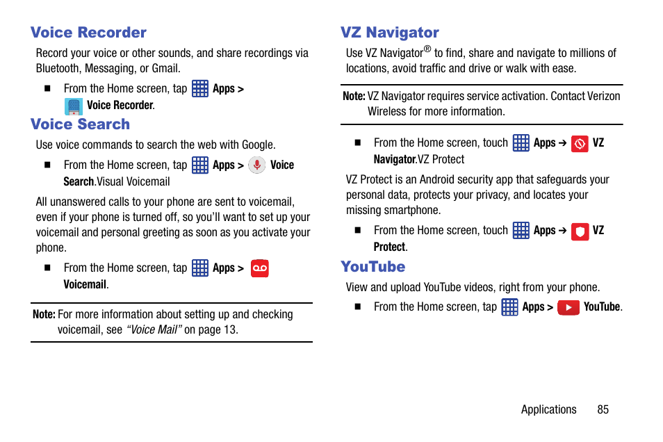 Voice recorder, Voice search, Vz navigator | Youtube, Voice recorder voice search vz navigator youtube | Samsung SM-G900VZDAVZW User Manual | Page 92 / 167