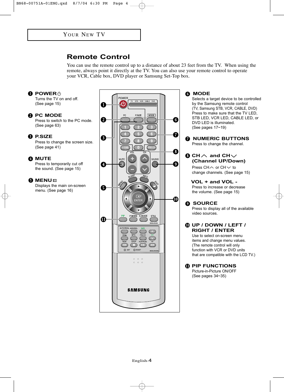 Remote control | Samsung LNP267WX-XAA User Manual | Page 10 / 79