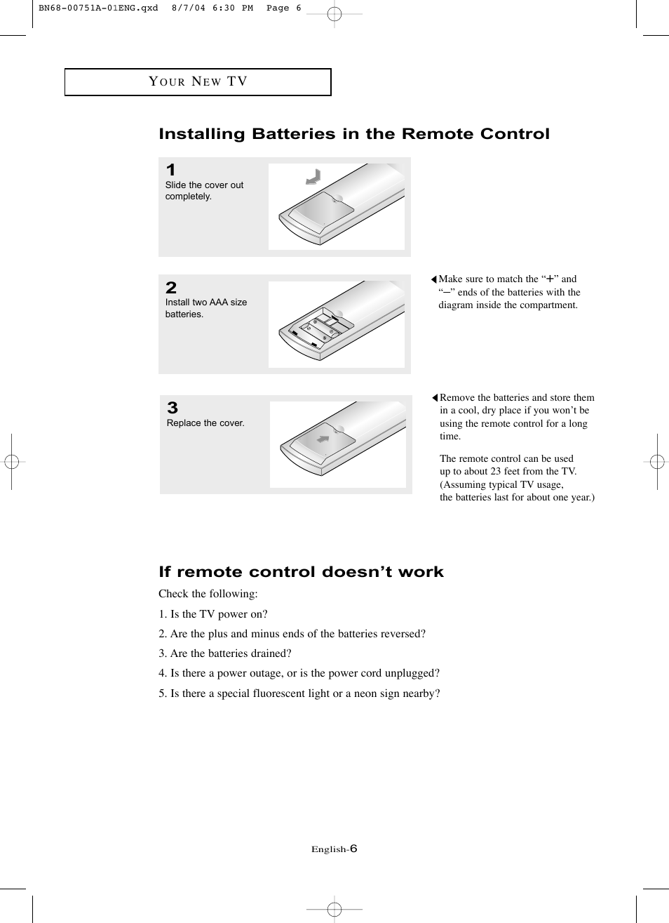 Installing batteries in the remote control, If remote control doesn’t work | Samsung LNP267WX-XAA User Manual | Page 12 / 79