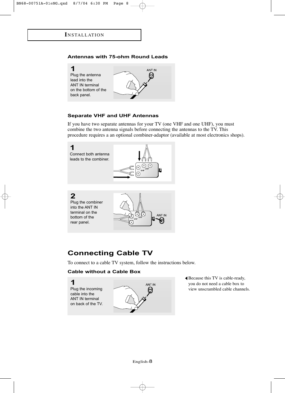 Antennas with 75-ohm round leads, Separate vhf and uhf antennas, Connecting cable tv | Cable without a cable box | Samsung LNP267WX-XAA User Manual | Page 14 / 79