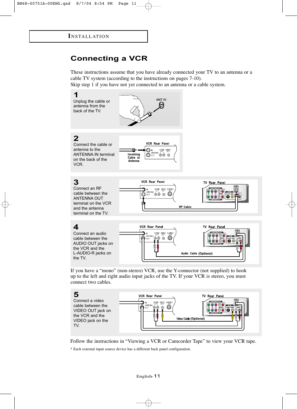 Connecting a vcr | Samsung LNP267WX-XAA User Manual | Page 17 / 79