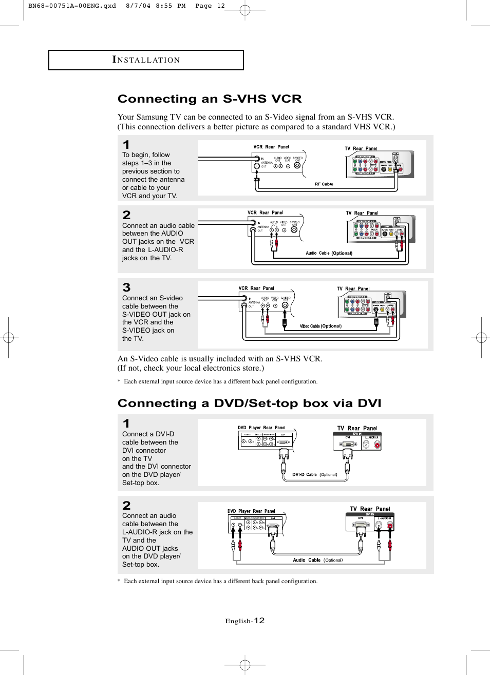 Connecting an s-vhs vcr, Connecting a dvi-d cable, Connecting a dvd/set-top box via dvi | Samsung LNP267WX-XAA User Manual | Page 18 / 79