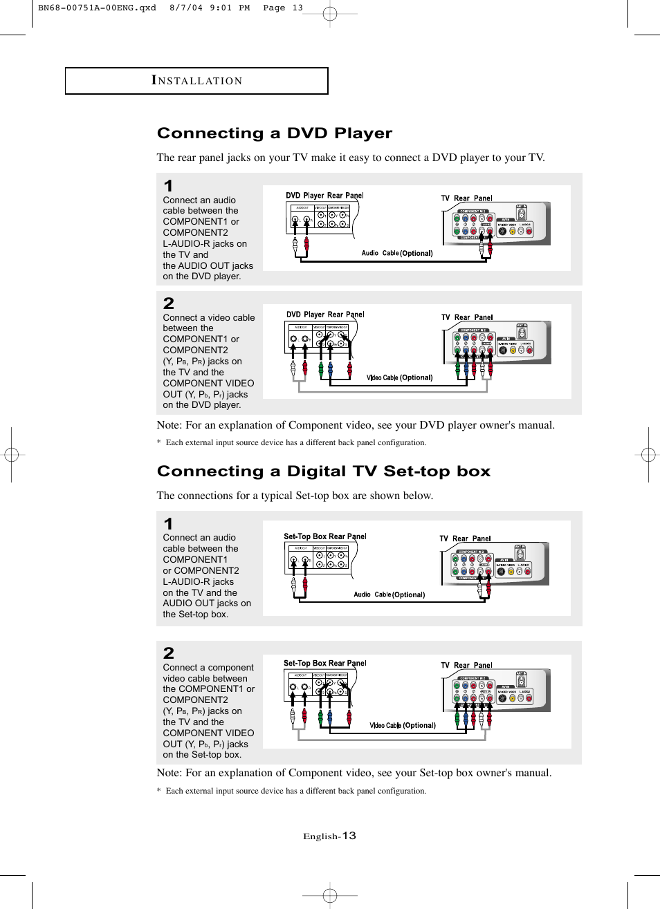 Connecting a dvd player, Connecting a digital tv set-top box | Samsung LNP267WX-XAA User Manual | Page 19 / 79