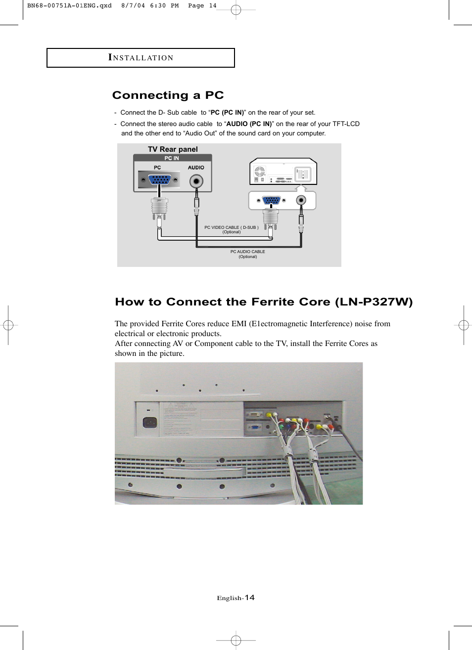 Connecting a pc, How to connect core (ln-p327w), How to connect the ferrite core (ln-p327w) | Samsung LNP267WX-XAA User Manual | Page 20 / 79