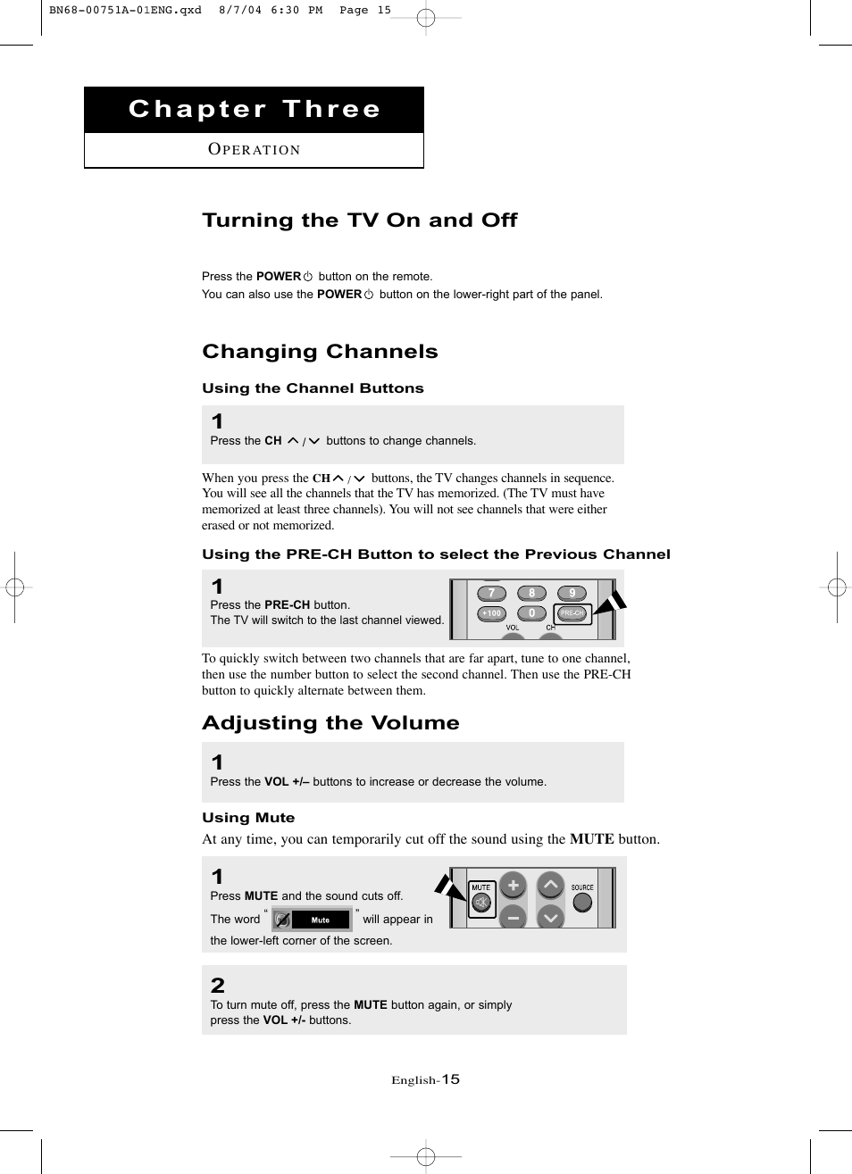 Chapter three- operation, Turning the tv on and off, Changing channels | Using the channel buttons, Adjusting the volume, Using mute | Samsung LNP267WX-XAA User Manual | Page 21 / 79