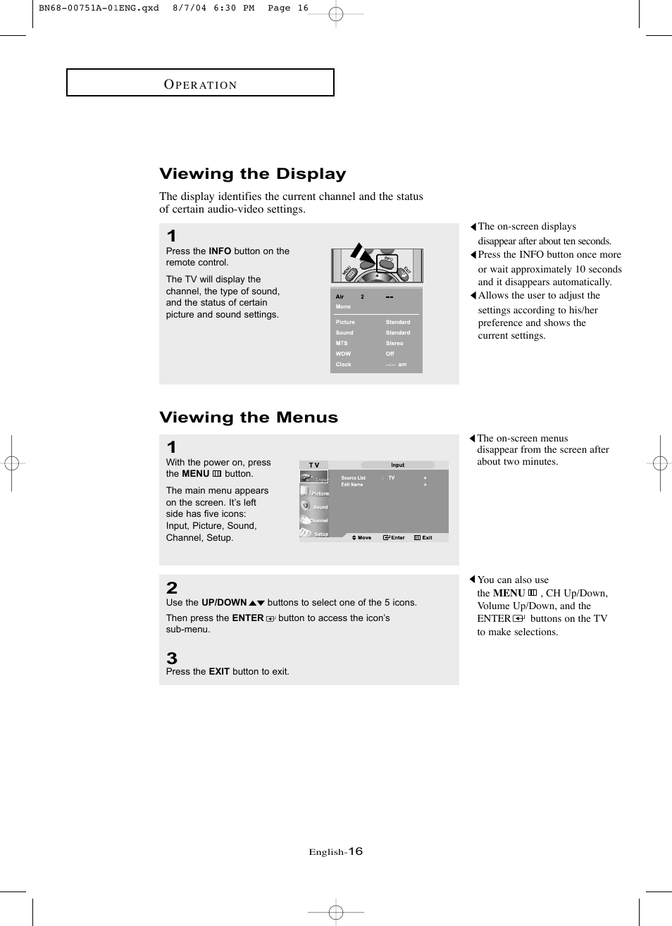 Viewing the display, Viewing the menus | Samsung LNP267WX-XAA User Manual | Page 22 / 79