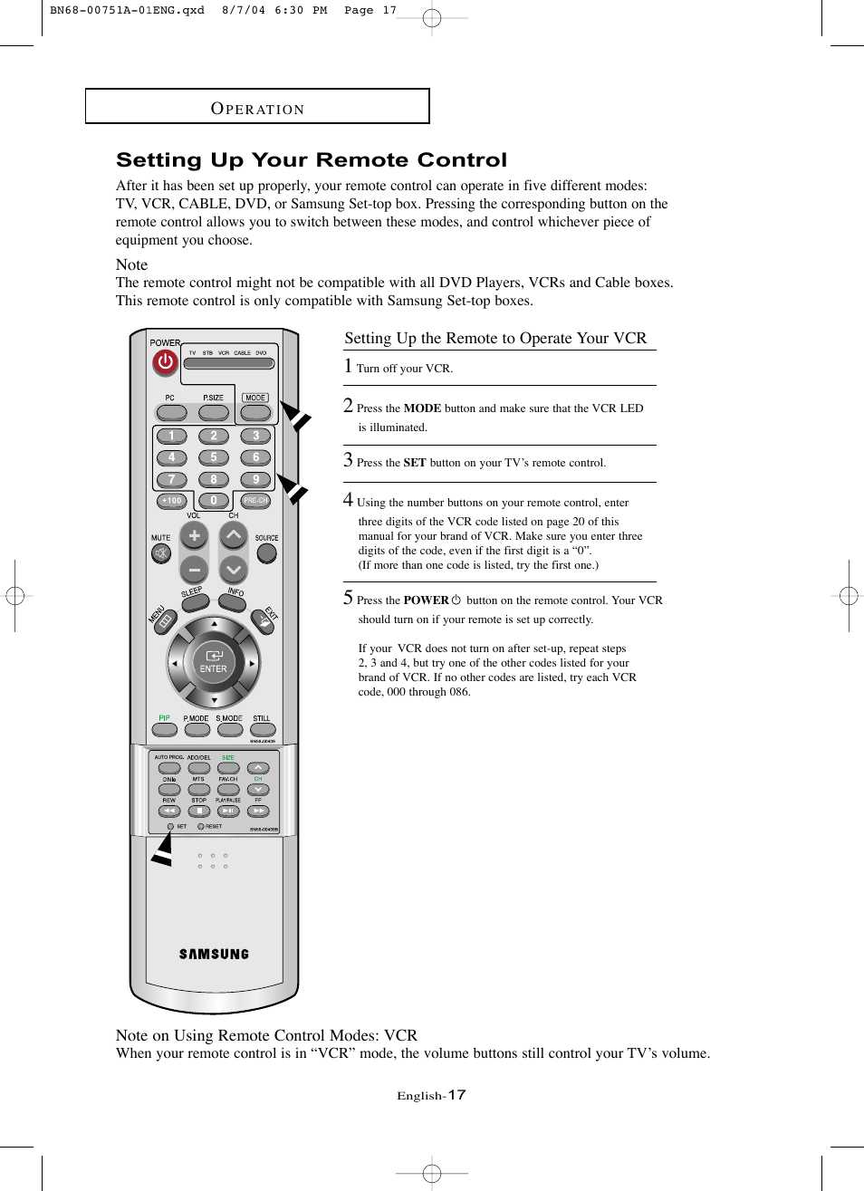 Setting up your remote control | Samsung LNP267WX-XAA User Manual | Page 23 / 79