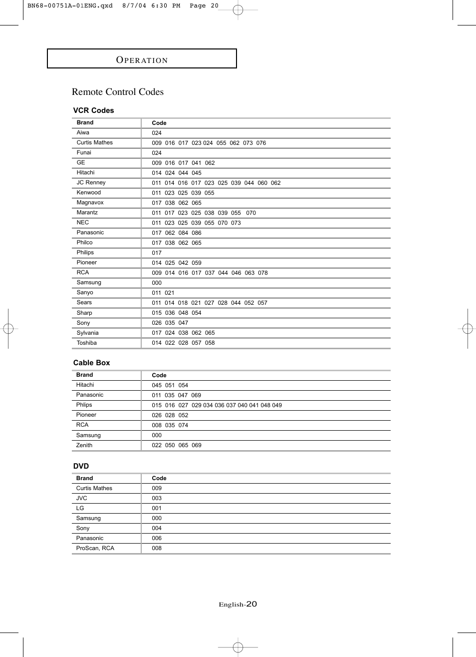 Remote control codes, Remote control codes o, P e r at i o n | Vcr codes, Cable box | Samsung LNP267WX-XAA User Manual | Page 26 / 79