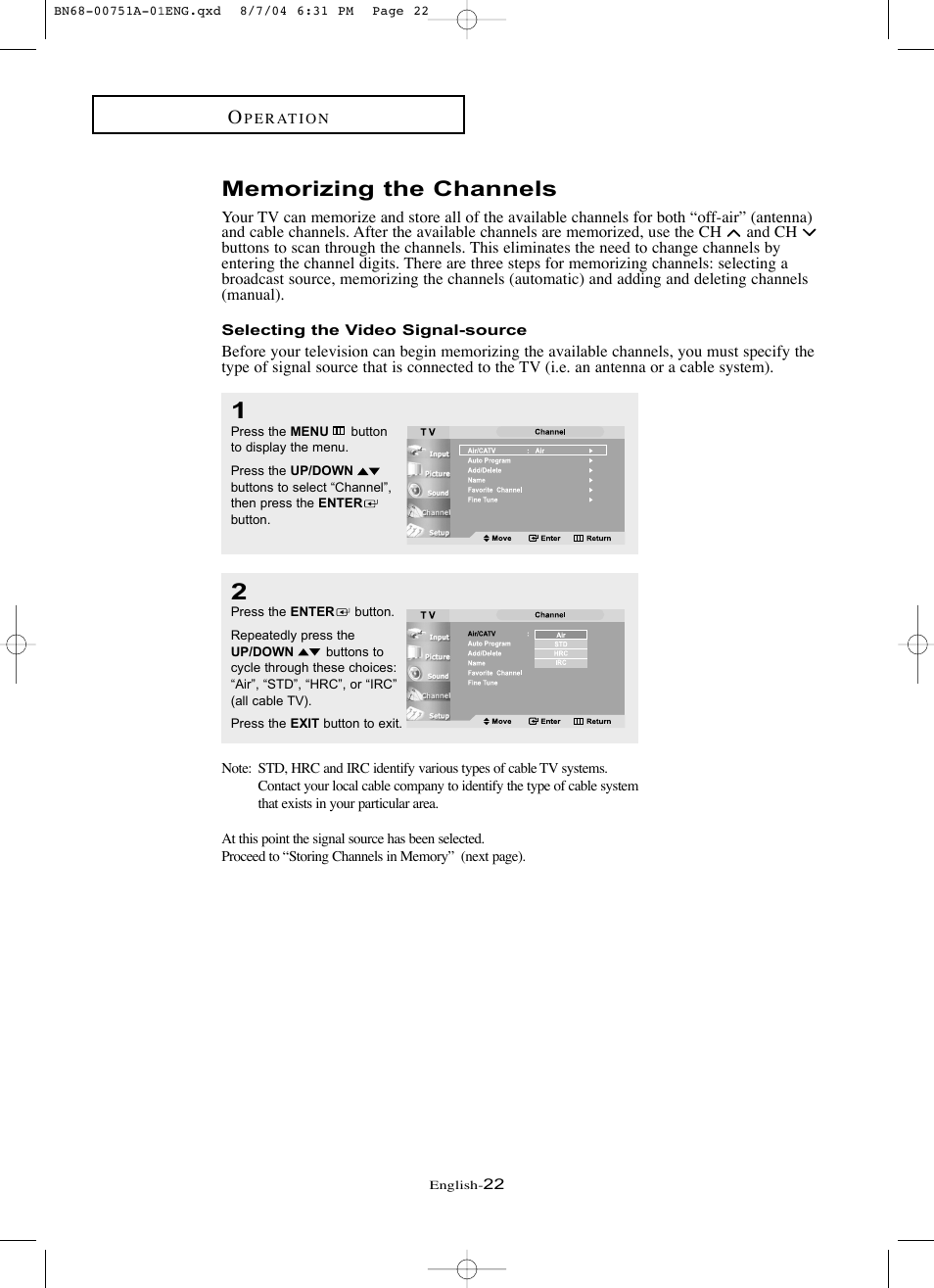 Memorizing the channels, Selecting the video signal-source | Samsung LNP267WX-XAA User Manual | Page 28 / 79