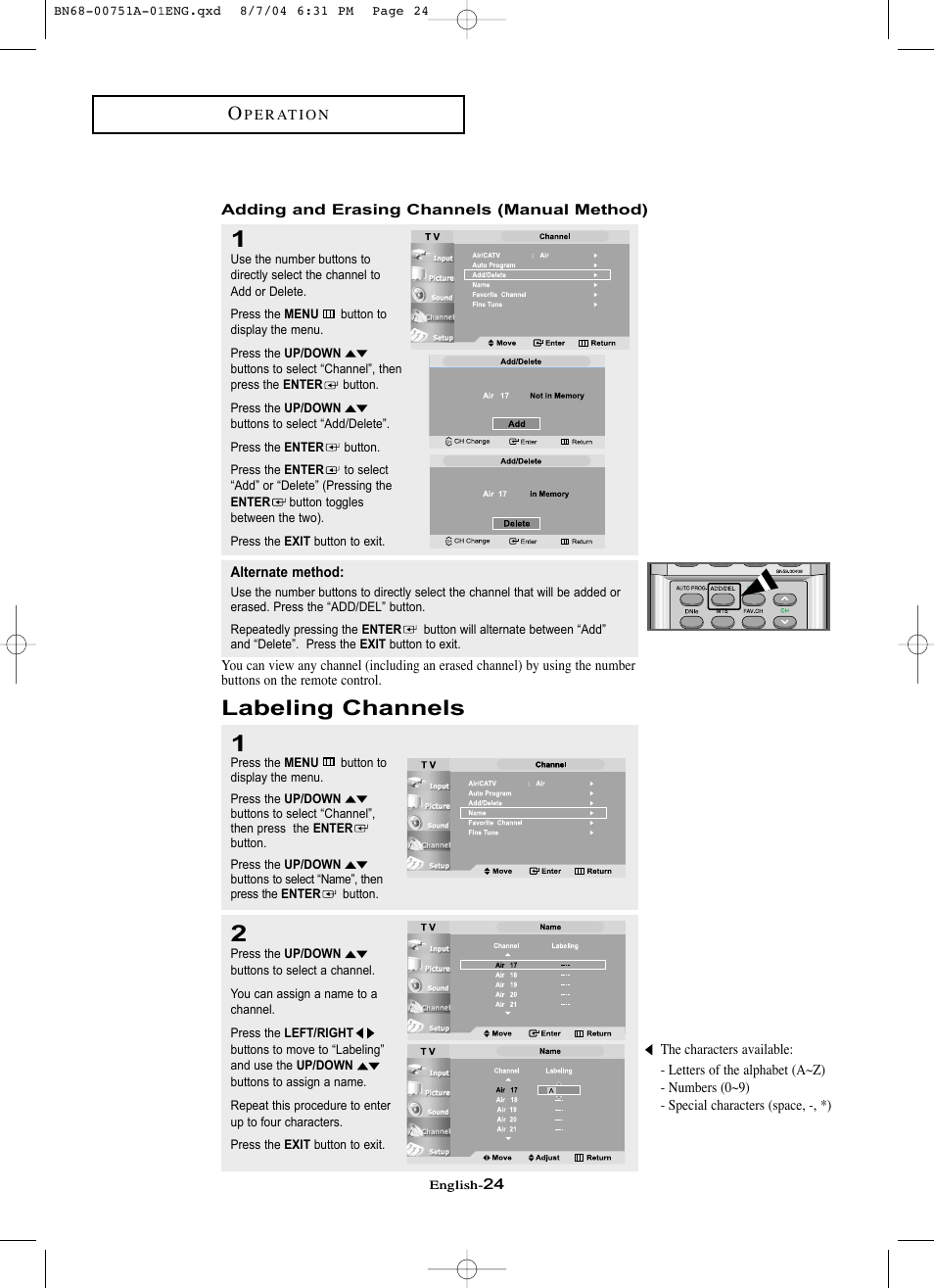 Adding and erasing channels (manual method), Labeling channels | Samsung LNP267WX-XAA User Manual | Page 30 / 79