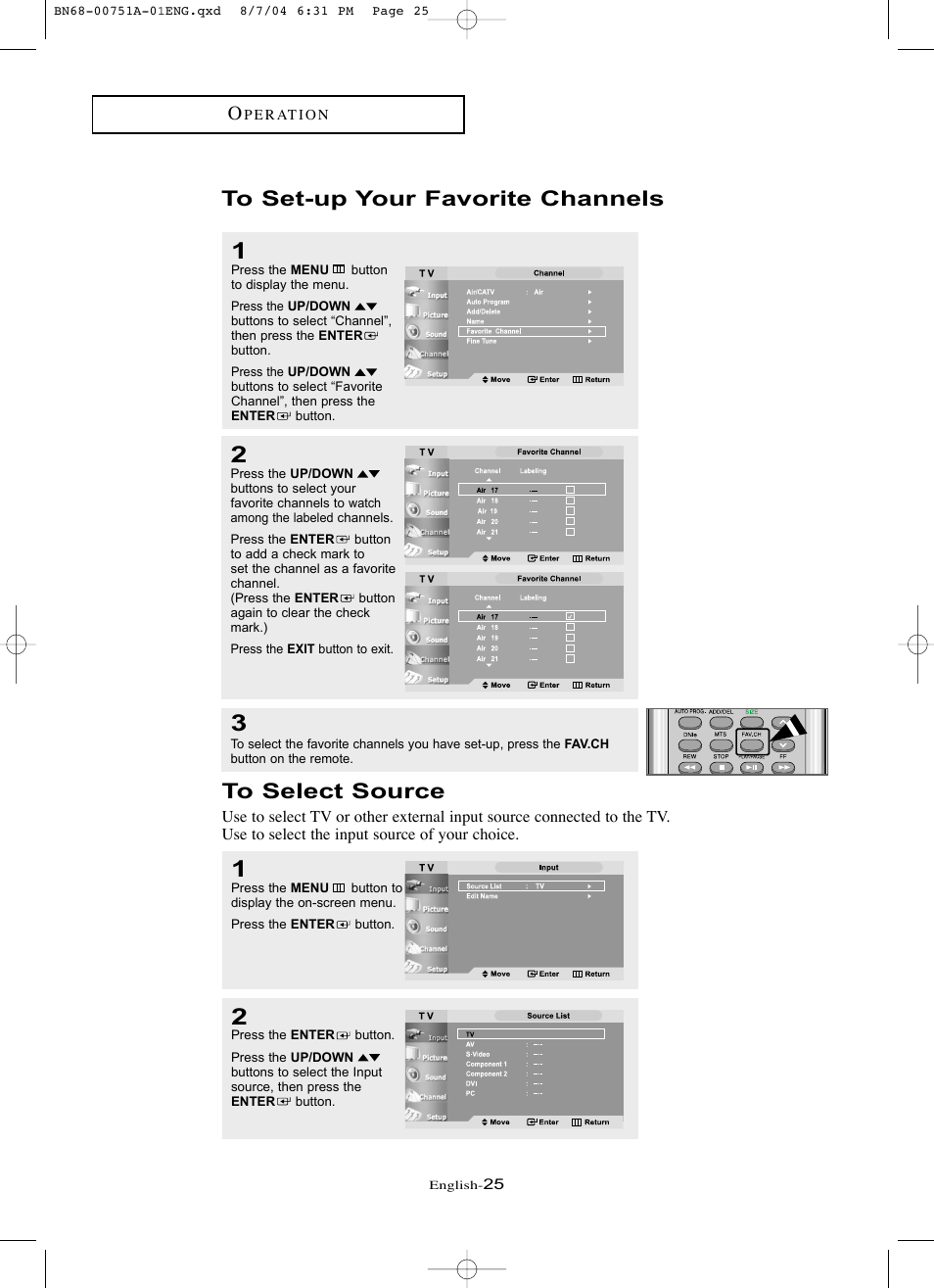 To set-up favorite channels, To select source | Samsung LNP267WX-XAA User Manual | Page 31 / 79