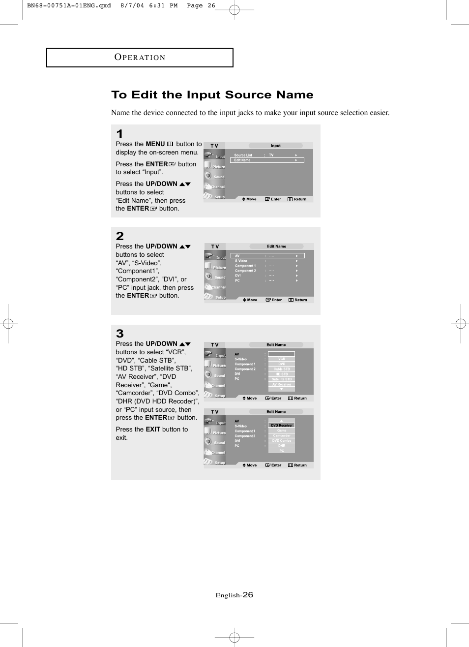 To edit the input source name | Samsung LNP267WX-XAA User Manual | Page 32 / 79