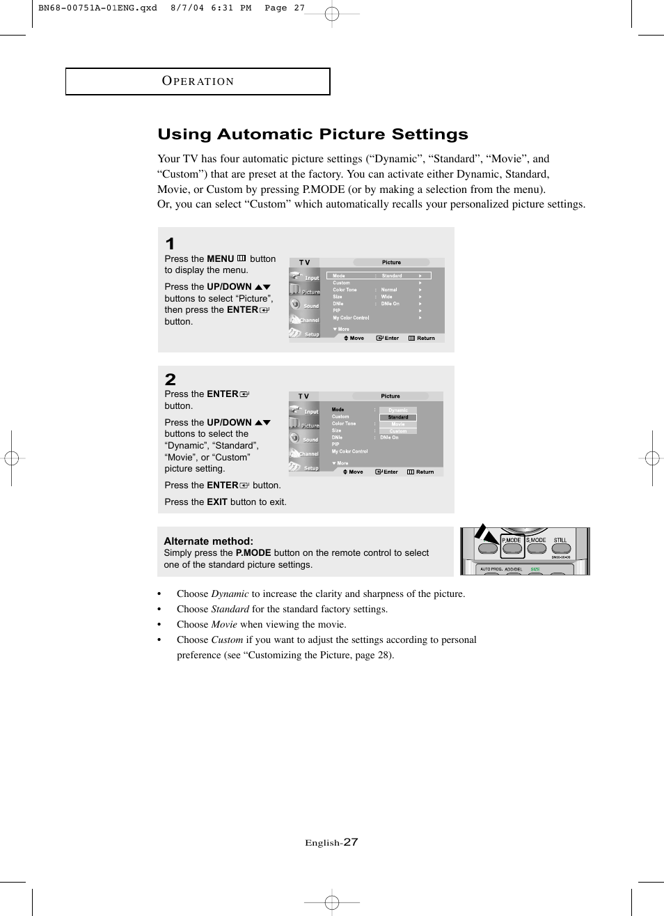 Using automatic picture settings | Samsung LNP267WX-XAA User Manual | Page 33 / 79