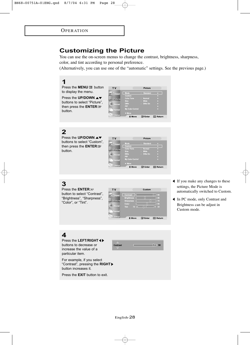 Customizing the picture | Samsung LNP267WX-XAA User Manual | Page 34 / 79