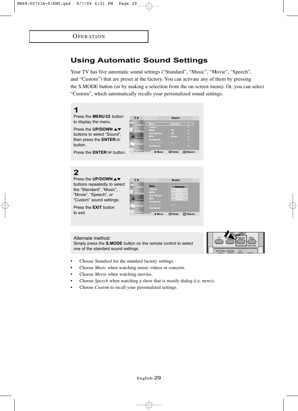 Using automatic sound settings | Samsung LNP267WX-XAA User Manual | Page 35 / 79