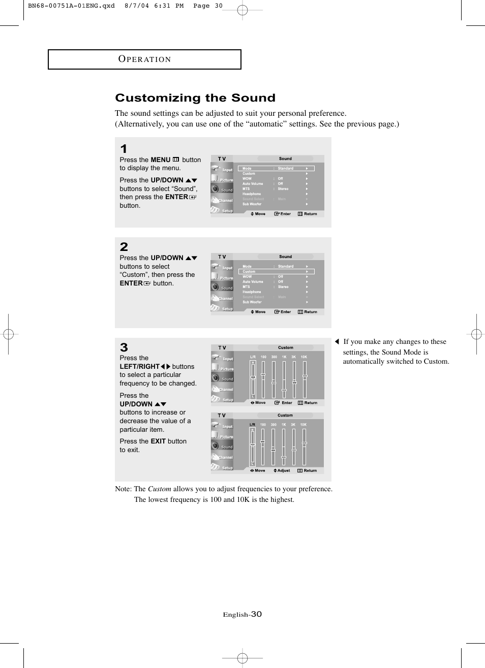 Customizing the sound | Samsung LNP267WX-XAA User Manual | Page 36 / 79