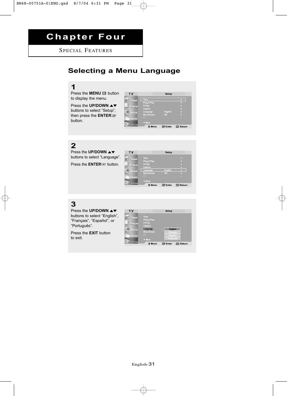 Chapter four- special features, Selecting a menu language | Samsung LNP267WX-XAA User Manual | Page 37 / 79