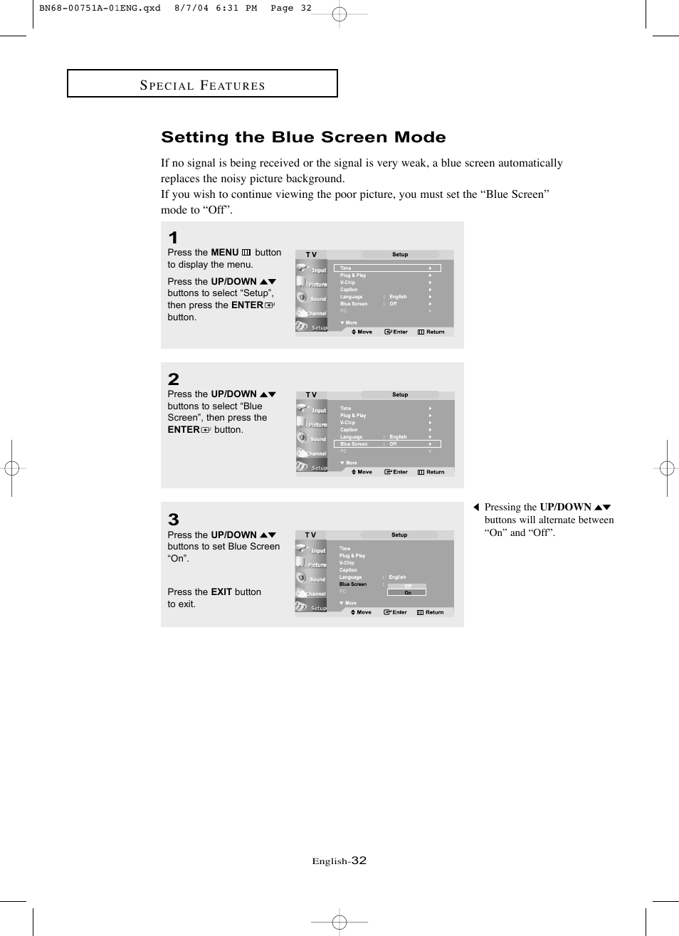 Setting the blue screen mode | Samsung LNP267WX-XAA User Manual | Page 38 / 79