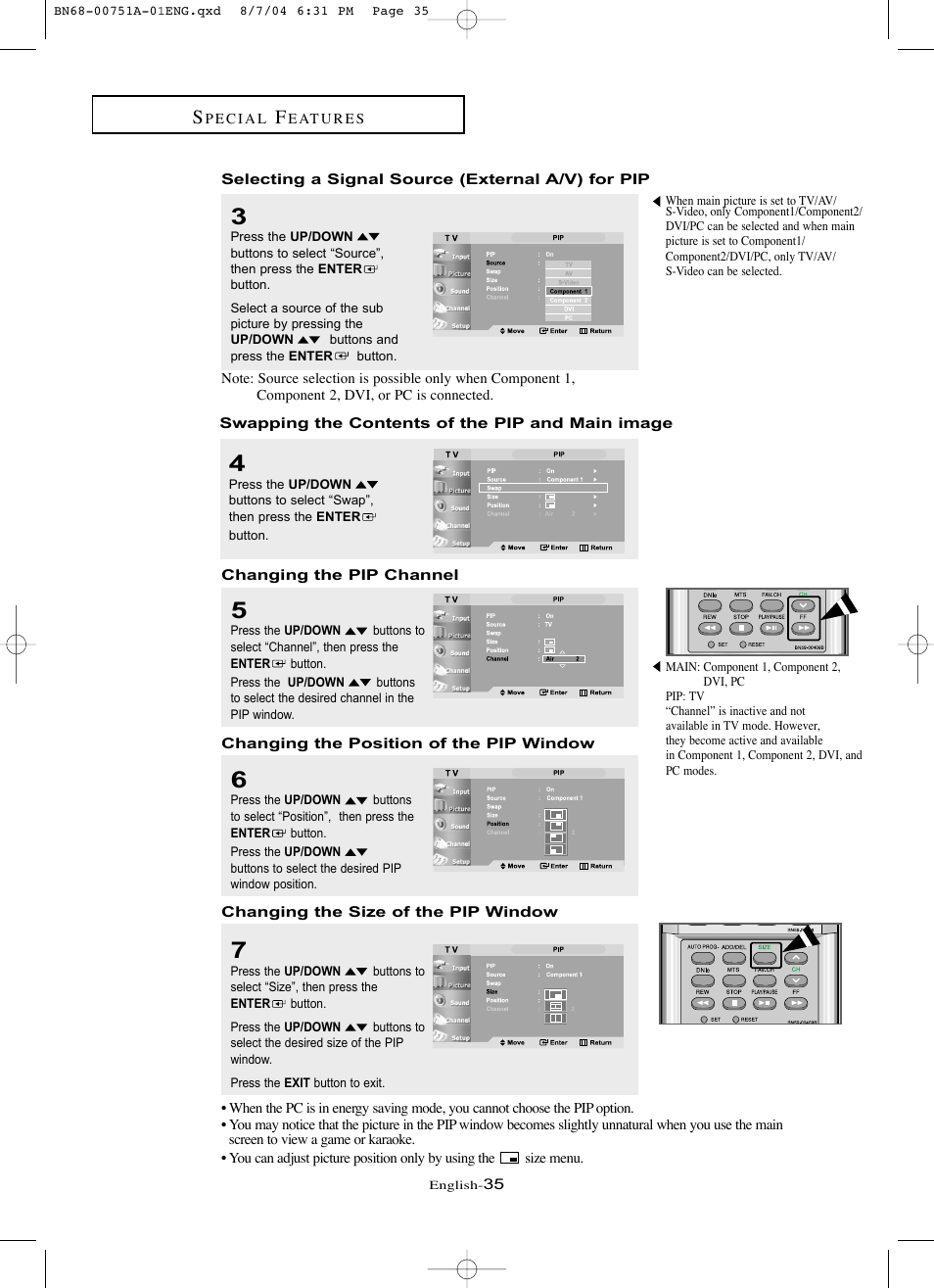 Selecting a signal source (external a/v) for pip, Swapping the contents of the pip and main image, Changing the pip channel | Changing the position of the pip window, Changing the size of the pip window | Samsung LNP267WX-XAA User Manual | Page 41 / 79