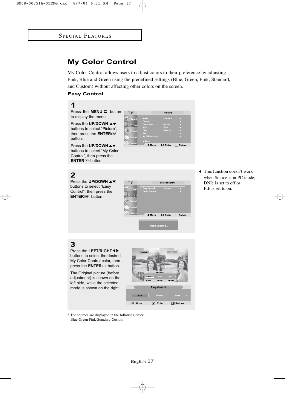 My color control, Easy control | Samsung LNP267WX-XAA User Manual | Page 43 / 79