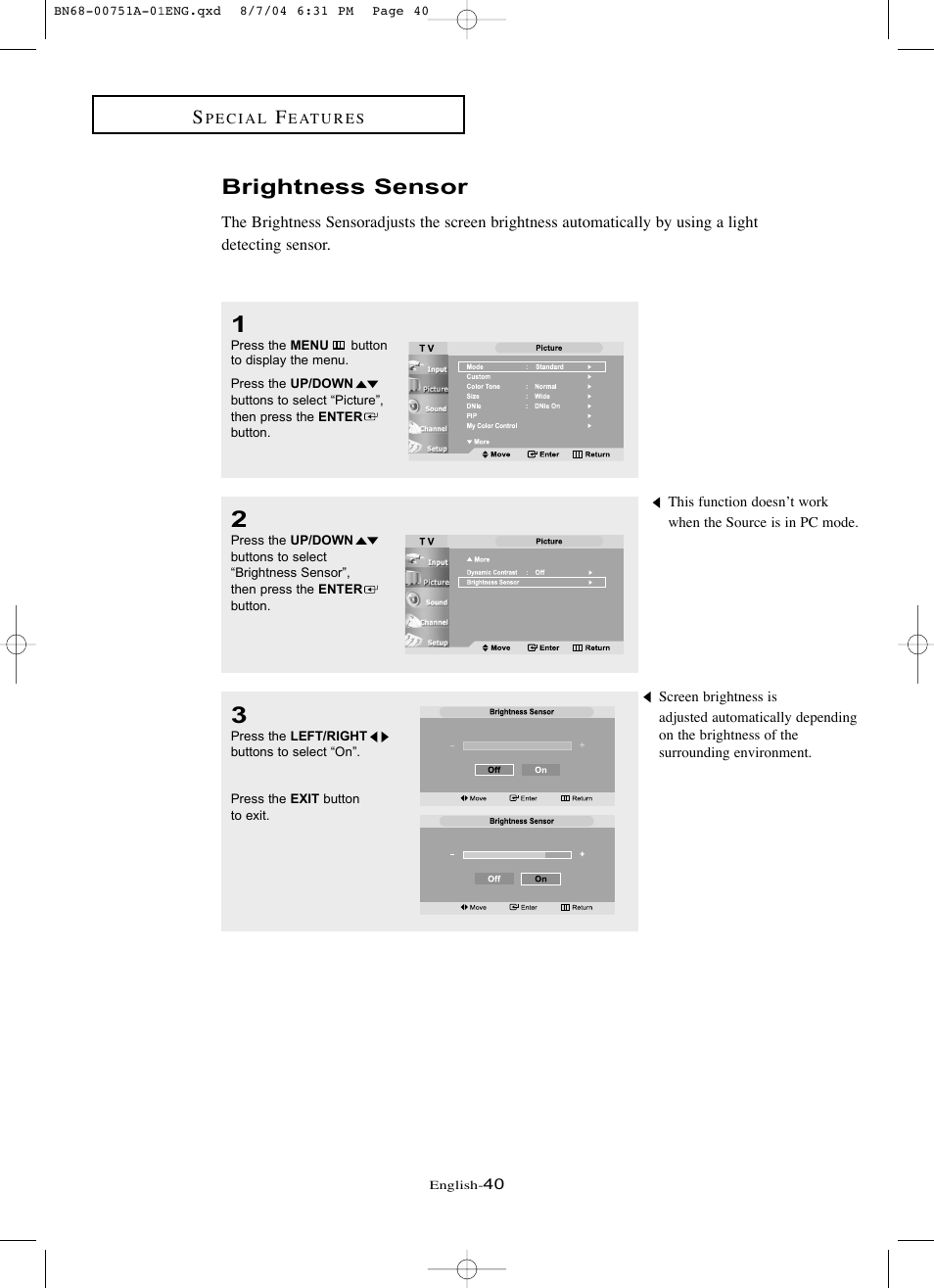 Brightness sensor | Samsung LNP267WX-XAA User Manual | Page 46 / 79