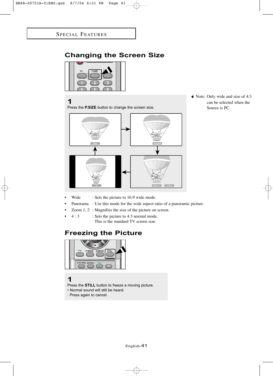 Changing the screen size, Freezing the picture | Samsung LNP267WX-XAA User Manual | Page 47 / 79