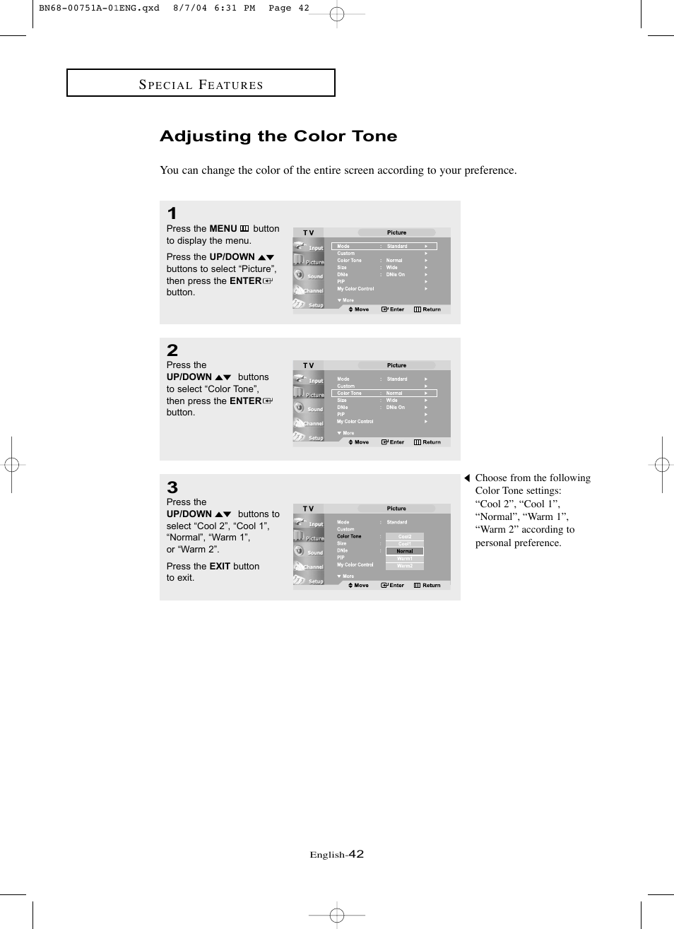 Adjusting the color tone | Samsung LNP267WX-XAA User Manual | Page 48 / 79