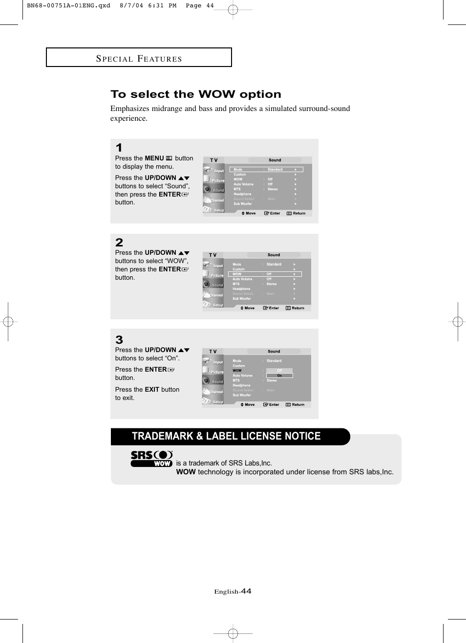 To select the wow option, Trademark & label license notice | Samsung LNP267WX-XAA User Manual | Page 50 / 79