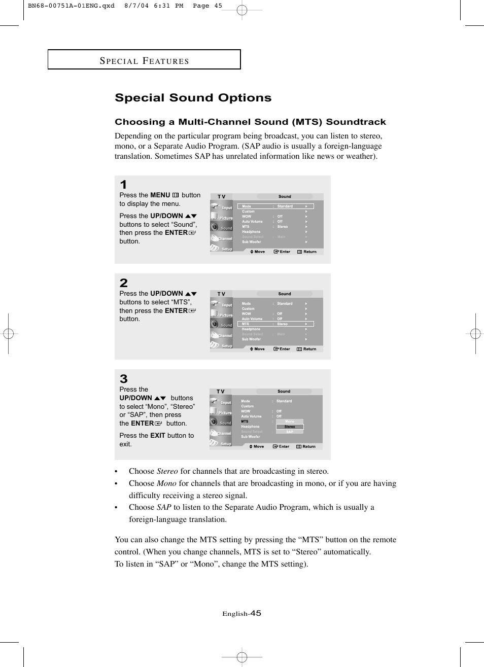 Special sound options | Samsung LNP267WX-XAA User Manual | Page 51 / 79