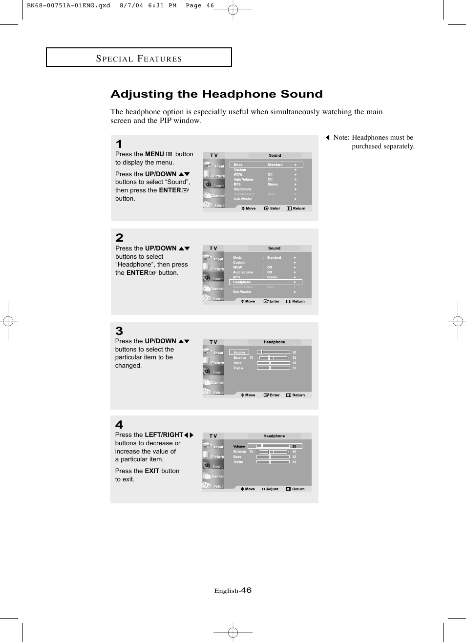 Adjusting the headphone sound | Samsung LNP267WX-XAA User Manual | Page 52 / 79