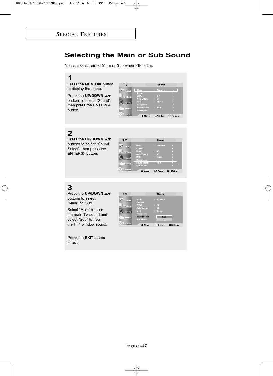 Selecting the main or sub sound | Samsung LNP267WX-XAA User Manual | Page 53 / 79