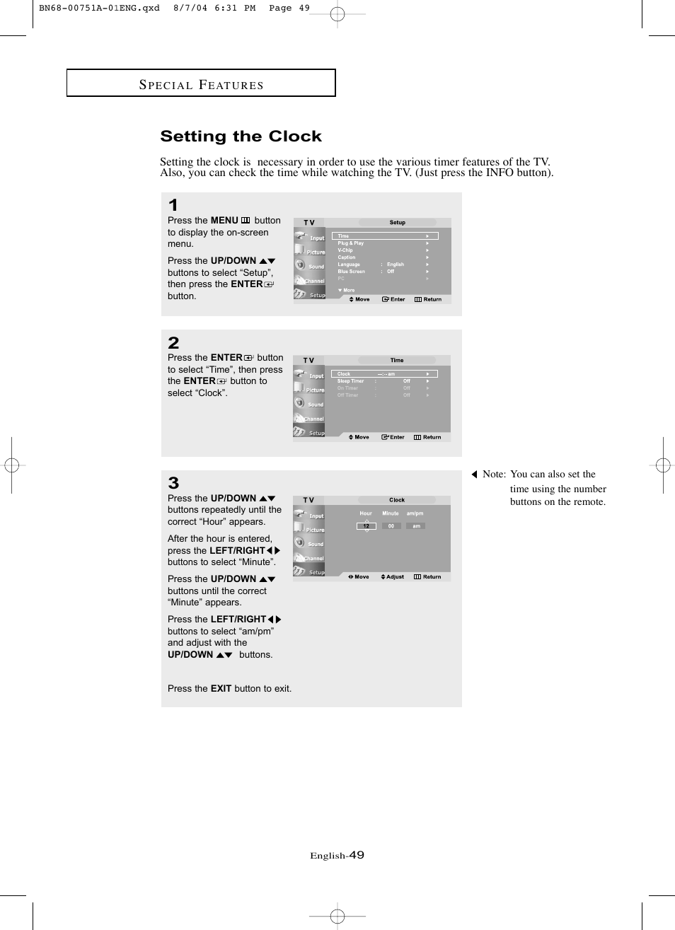 Setting the clock | Samsung LNP267WX-XAA User Manual | Page 55 / 79