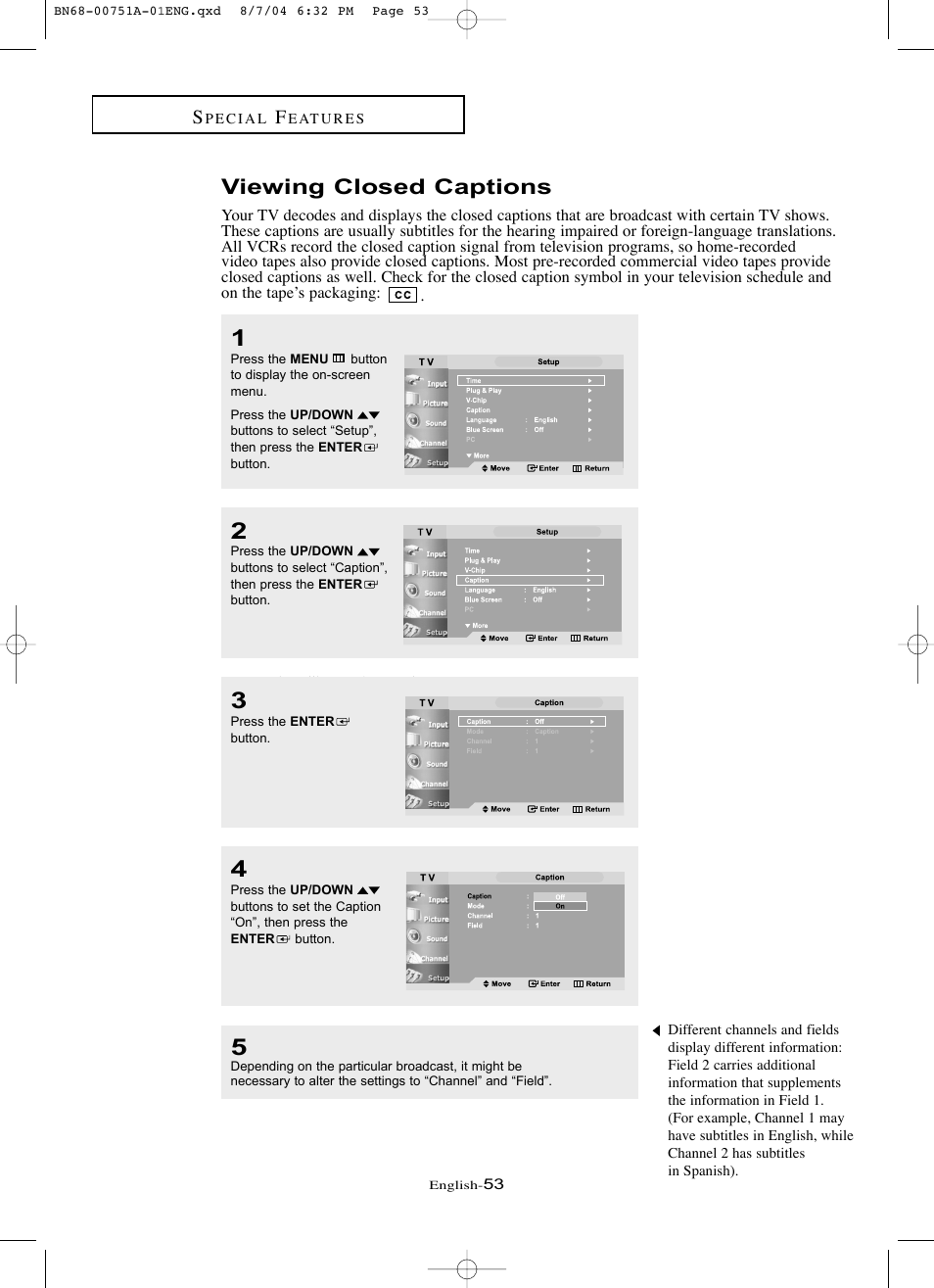 Viewing closed captions | Samsung LNP267WX-XAA User Manual | Page 59 / 79