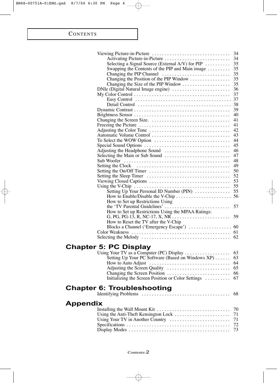 Chapter 5: pc display, Chapter 6: troubleshooting, Appendix | Samsung LNP267WX-XAA User Manual | Page 6 / 79