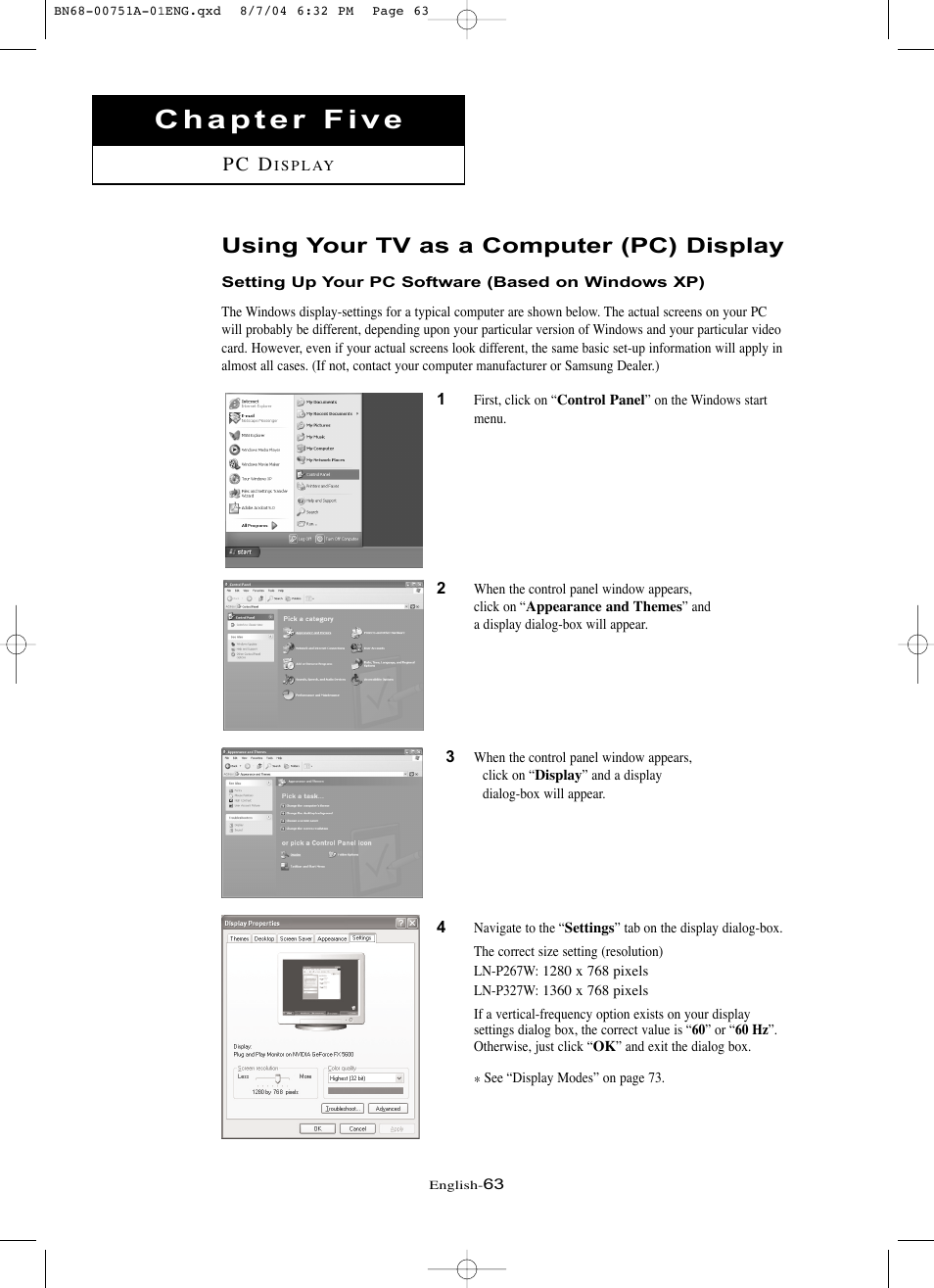 Chapter five- pc display, Using your tv as a computer (pc) display, Setting up your pc software (based on windows xp) | Pc d | Samsung LNP267WX-XAA User Manual | Page 69 / 79