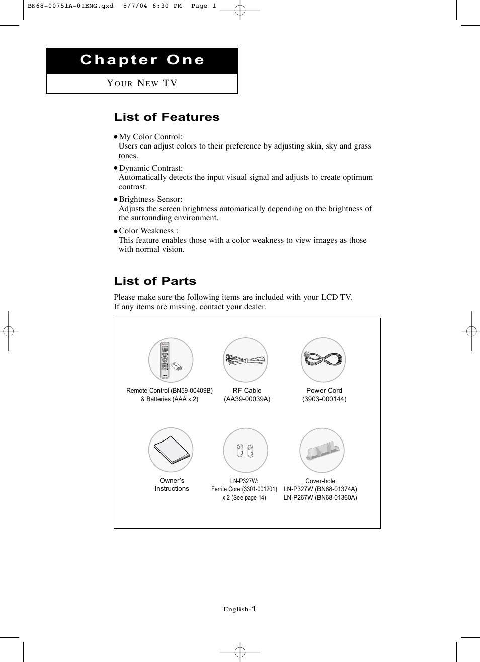 Chapter one- your new tv, List of features, List of parts | Samsung LNP267WX-XAA User Manual | Page 7 / 79