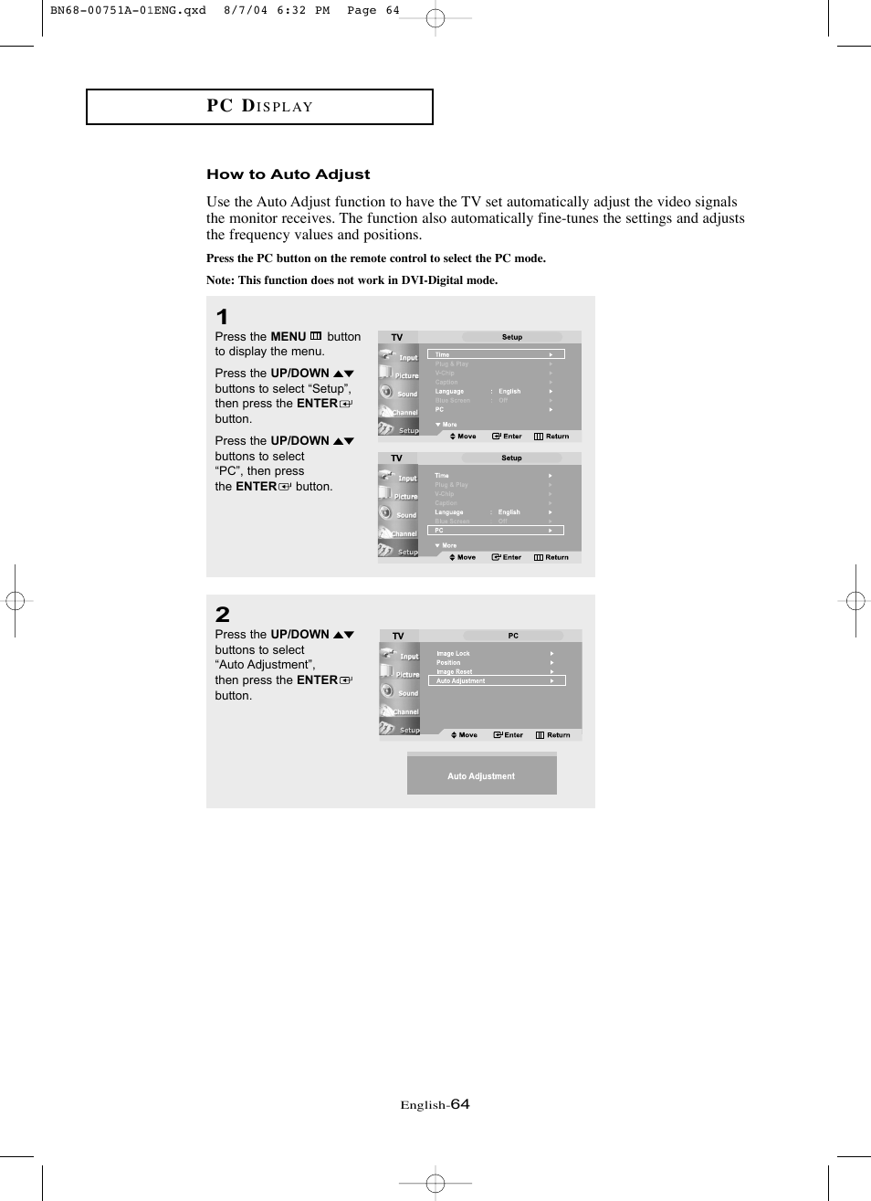 How to auto adjustment, Pc d | Samsung LNP267WX-XAA User Manual | Page 70 / 79