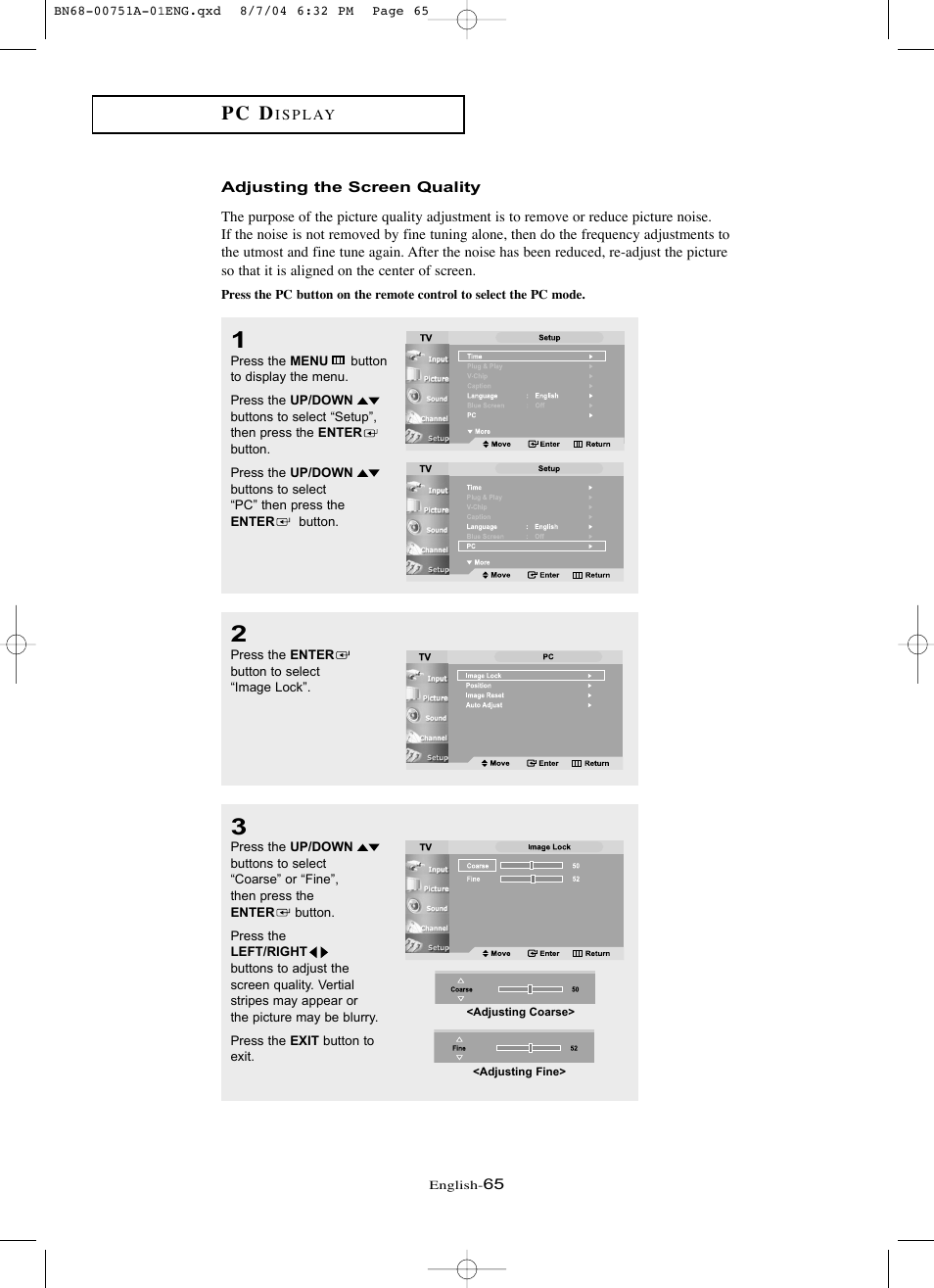 Adjusting the screen quality, Pc d | Samsung LNP267WX-XAA User Manual | Page 71 / 79