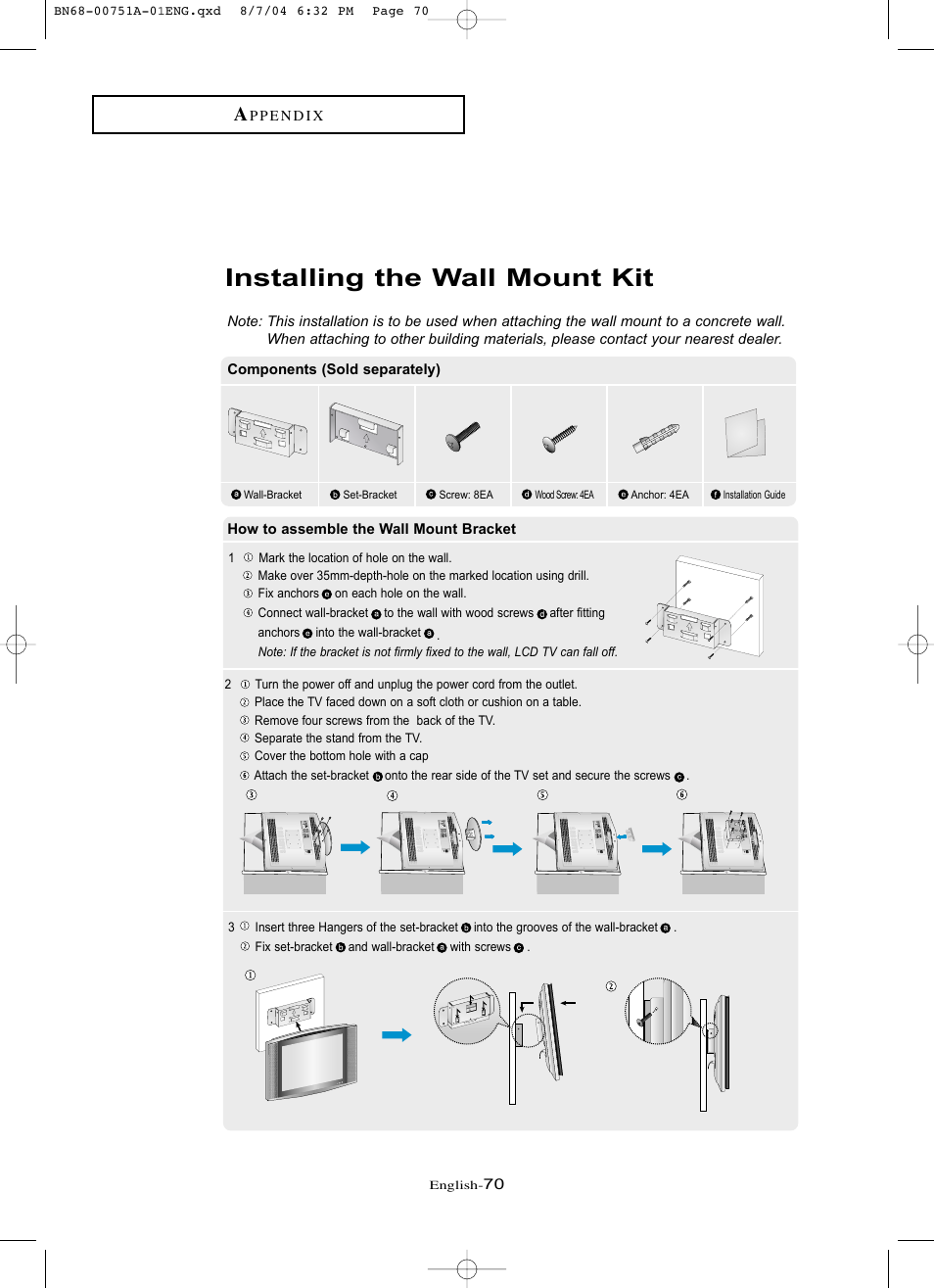 Appendix, Installing the wall mount kit | Samsung LNP267WX-XAA User Manual | Page 76 / 79